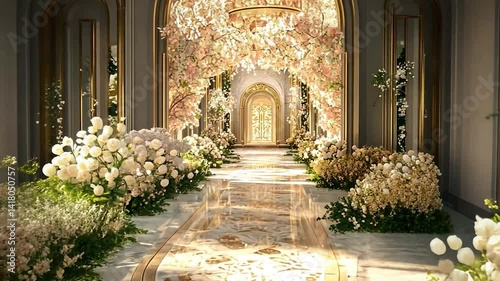 Elegant wedding aisle, adorned with blossoms, in a grand hall