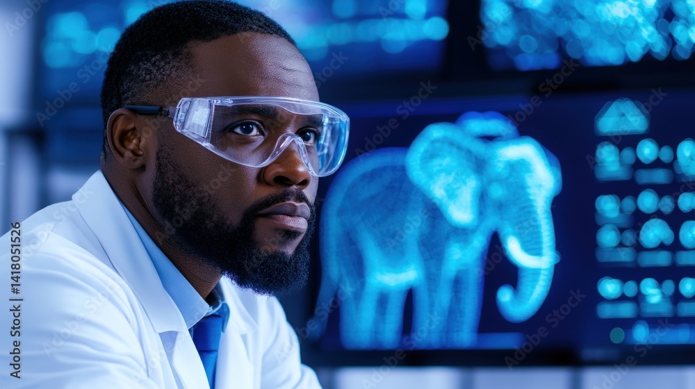 A dedicated research scientist studies intricate data visualizations of elephants, surrounded by advanced technology in a laboratory environment during daylight hours