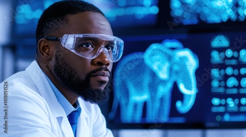 Obraz na płótnie A dedicated research scientist studies intricate data visualizations of elephants, surrounded by advanced technology in a laboratory environment during daylight hours w salonie