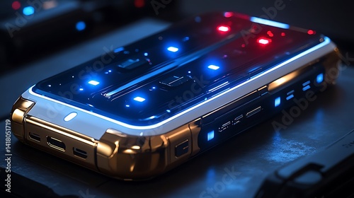 Futuristic portable electronic device with glowing lights.