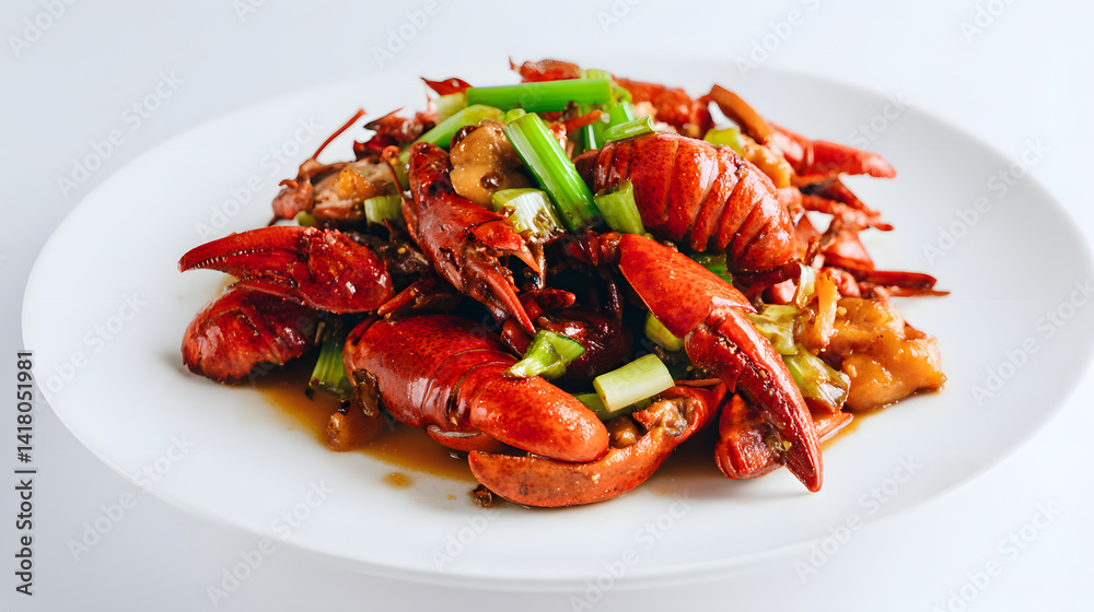Deliciously Cooked Lobster Dish with Fresh Ingredients on a White Plate for a Culinary Experience Deliciously Cooked Lobster Dish with Fresh Ingredients on a White Plate for a Culinary Experience