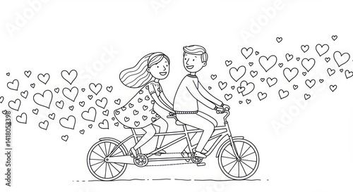 Couple riding a tandem bicycle surrounded by hearts illustration in black and white for a Valentine's Day romantic concept