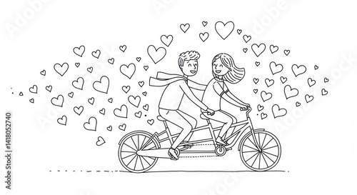 Couple riding tandem bicycle surrounded by floating hearts in romantic outline drawing, depicting love, togetherness and shared experiences