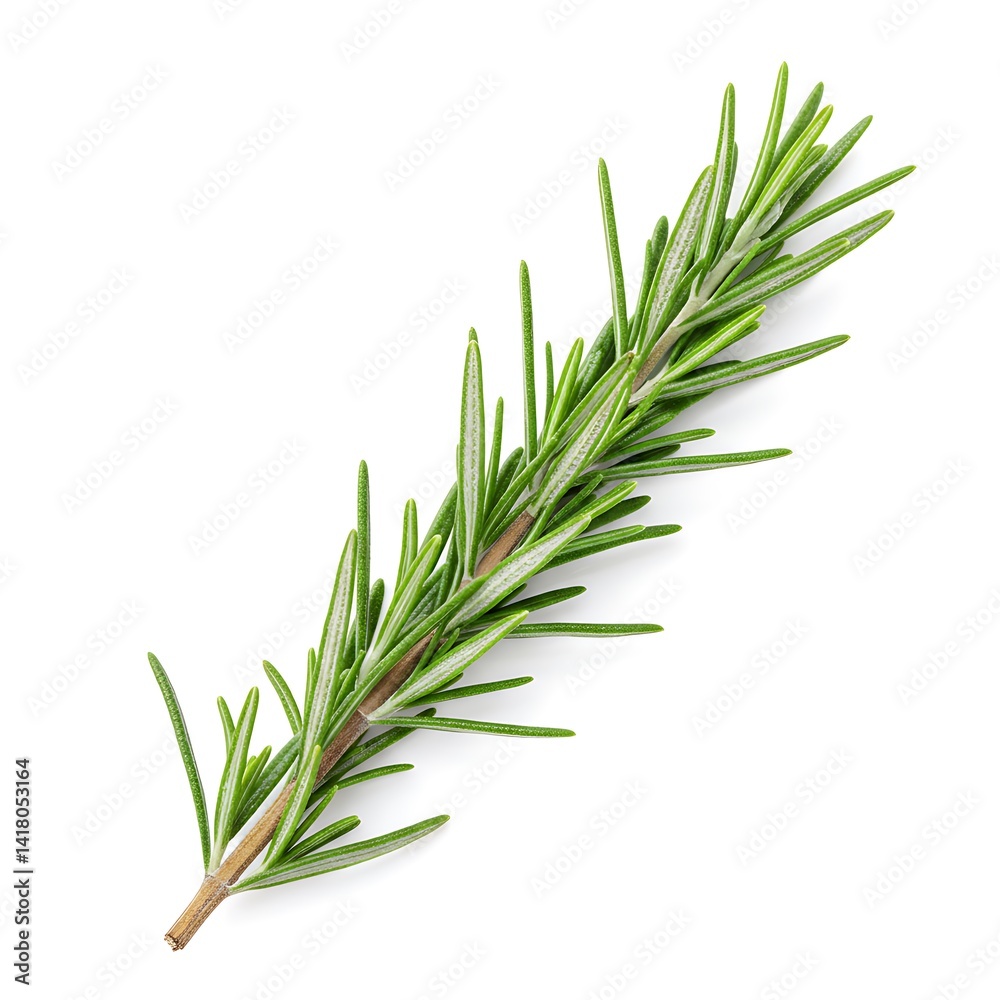Fototapeta premium Fresh rosemary sprig close up aromatic herb isolated on white background
