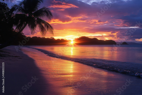 Vibrant sunset paints the sky above palm-fringed beach in Kolu'a, Fiji. Silhouettes of people enjoying the tranquil view against the orange horizon.