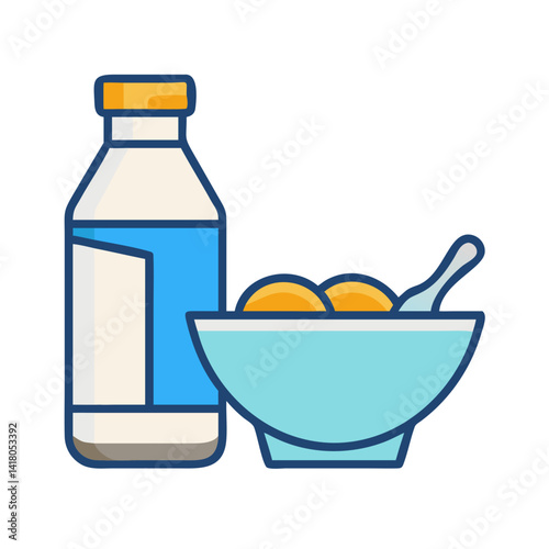 Bowl and Milk Bottle Icon Representing Breakfast and Morning Meal
