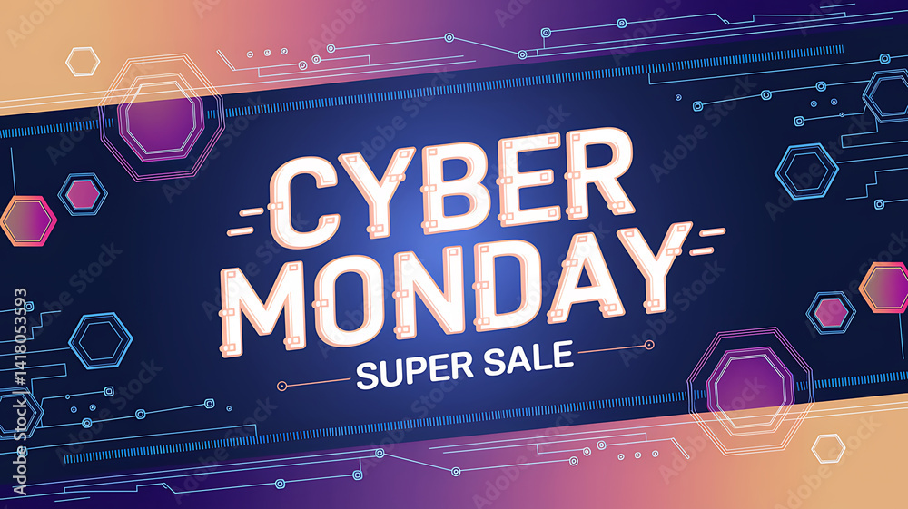 Fototapeta premium Cyber Monday Super Sale graphic with glowing white text on a geometric blue and purple background.