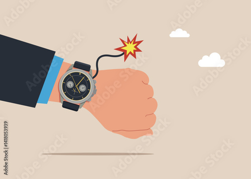 Hand businessman with wrist watch with detonated time countdown bomb about to explode. Time management, project deadline countdown or problem. Flat vector illustration