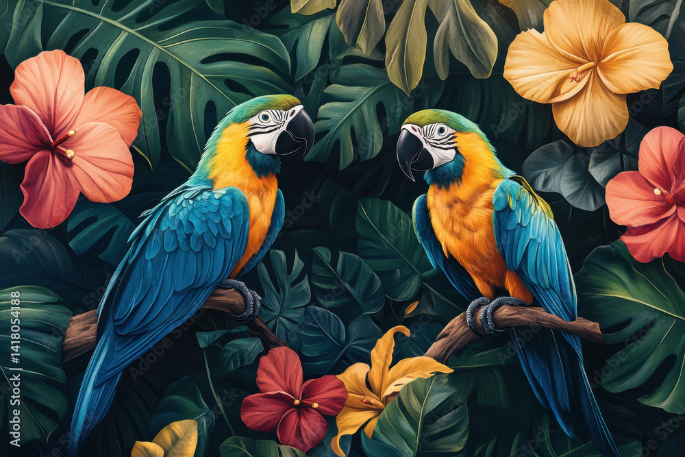 Fototapeta premium parrots perched on a tropical plant branch.