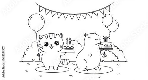 Cute Cat and Capybara Celebrating Birthday with Cake and Balloons in Black and White