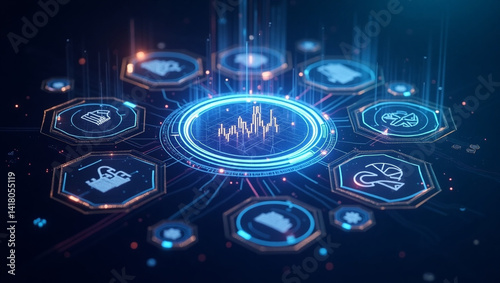 A vibrant network of interconnected financial data points pulsating with energy, showcasing global market trends in a dynamic, futuristic display with glowing hexagons and a central data hub.