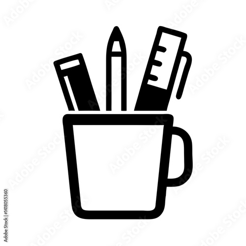 Cup with Pens Icon Representing Desk Stationery and Office Supplies