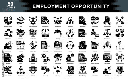 The Employment Opportunity icon set showcases key elements of modern recruitment such as resumes, interviews, and employee benefits ideal for HR, staffing agencies, and career development platforms.