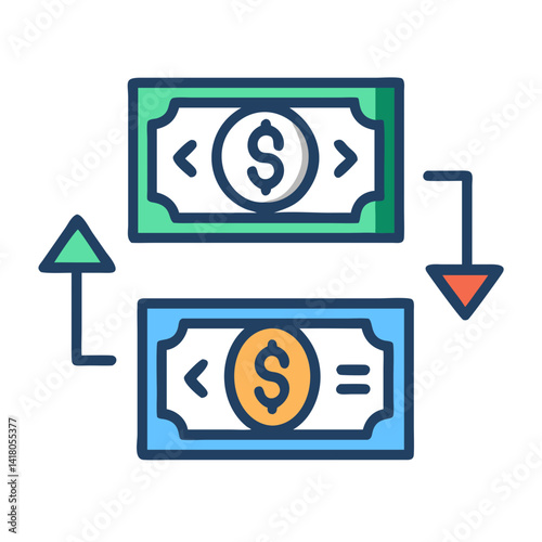 Currency Notes with Arrows Icon Representing International Currency Exchange and Financial Flow