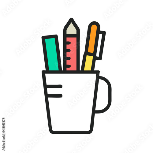 Cup with Pens Icon Representing Desk Stationery and Office Supplies