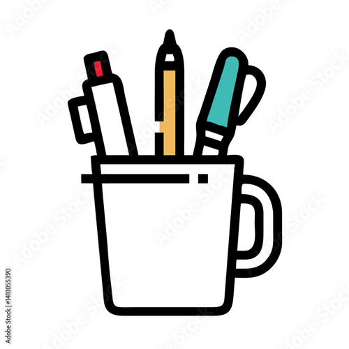 Cup with Pens Icon Representing Desk Stationery and Office Supplies
