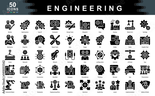 The Engineering black icon set defines key drivers of technical success such as innovation, problem solving, and precision, ideal for design processes, system development, and industrial applications.