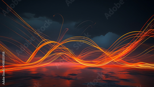 Abstract fiery orange lines swirl across a dark background creating a dynamic energy flow artwork