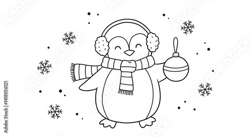 Cute penguin wearing earmuffs and scarf holding Christmas ball ornament illustration
