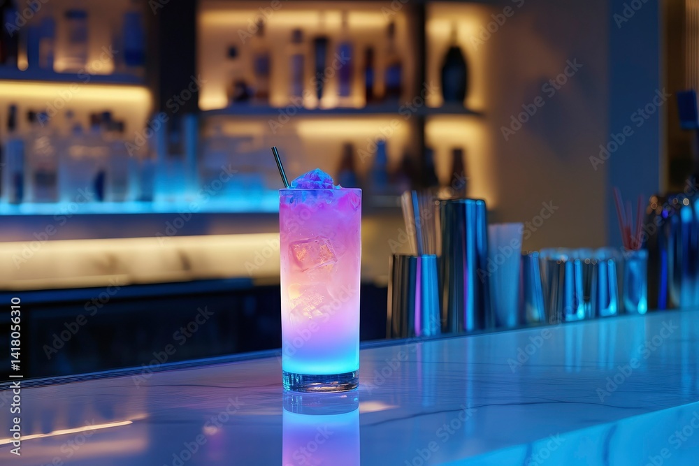 A cocktail glowing under UV light on a sleek bar counter. A cocktail glowing under UV light on a sleek bar counter.