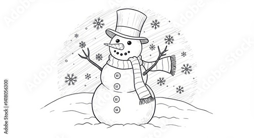 Cute snowman with hat and scarf standing in snowy landscape during winter season