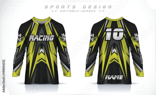 Long sleeve jersey design template, Motocross racing jersey design. Sports uniform front and back view