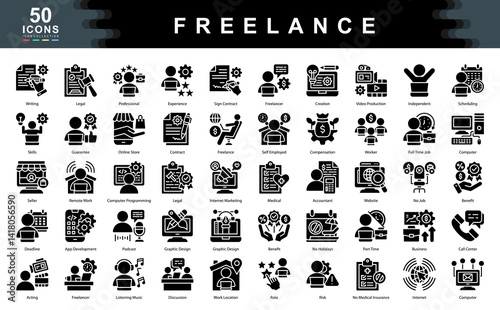 The Freelance black icon set defines key drivers of independent work such as flexibility, skill based income, and contract engagement, ideal for remote platforms, gig economy, and creative industries.