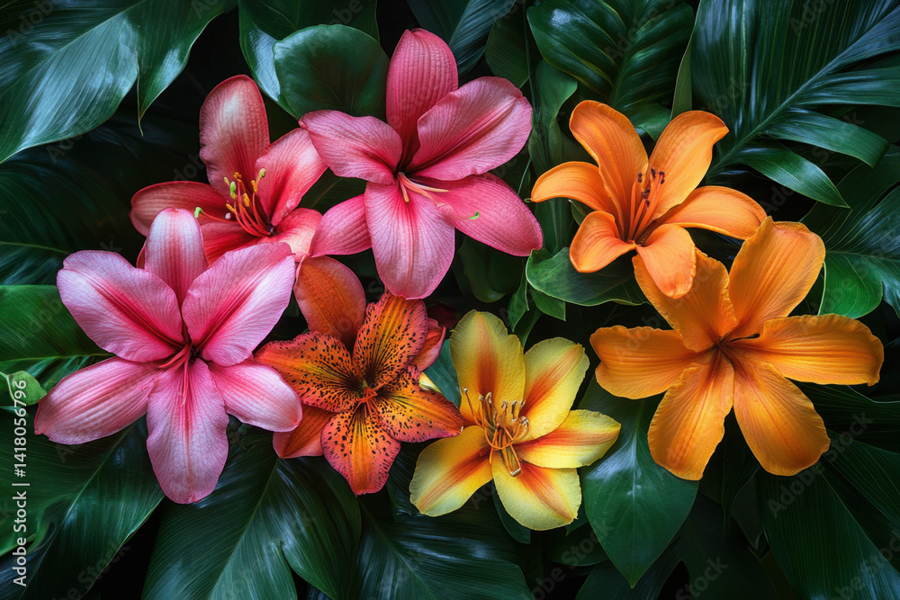 Obraz premium orange and yellow flowers with green leaves.