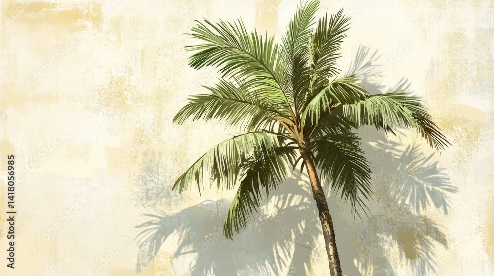 Fototapeta premium A vibrant palm tree casts a warm shadow on a textured beige wall.