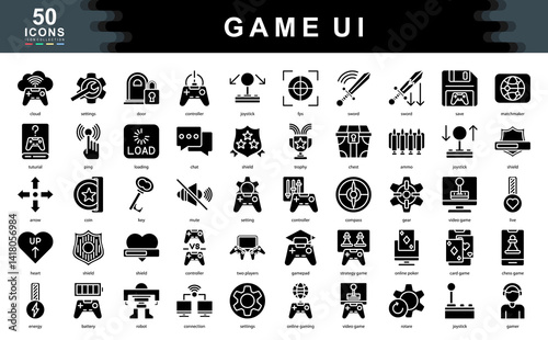The Game UI black icon set defines key elements of gaming interfaces such as interaction, status, and navigation, ideal for game design, player experience, and mobile or console development.