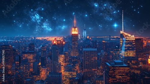 New York City skyline at night, illuminated by stars.