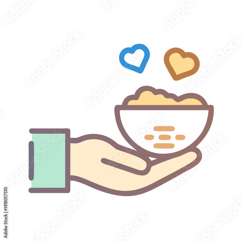 Hand Offering Bowl Icon Representing Food Donation and Hunger Relief Support