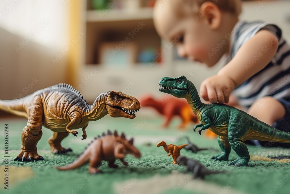 Obraz premium Child playing with dinosaur toys on a colorful rug in a cozy indoor space