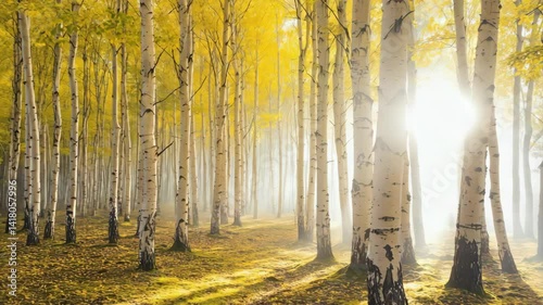 Aspen tree forest bathed in sunlight featuring golden leaves and white trunks, creating a serene and peaceful autumn landscape