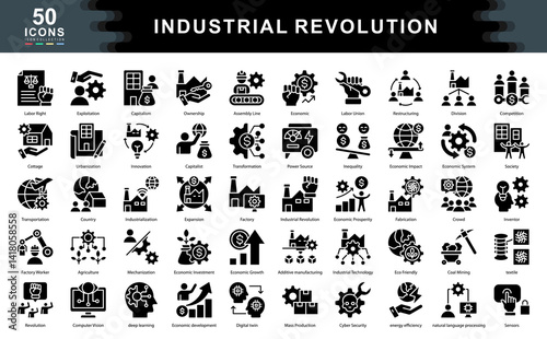 The Industrial Revolution icon set explores themes like mechanization, innovation, and societal shifts, ideal for illustrating economic evolution, production processes, and historical transformation.