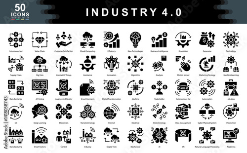 The Industry 4.0 black icon set captures digital transformation across manufacturing, automation, IoT, and AI perfect for visualizing innovation, connectivity, and smart production systems.