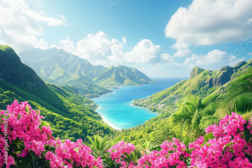 Panoramic view: Majestic mountain ranges, lush rainforest, and crystal-clear ocean waters seen from the top of St. Lucia Island.