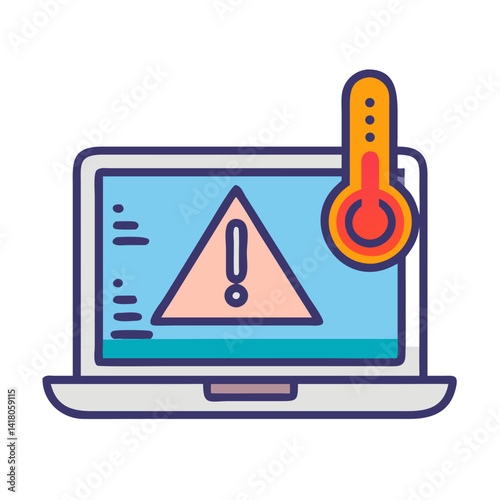 Laptop with Warning and Thermometer Icon Representing Overheating Alert and Thermal Risk