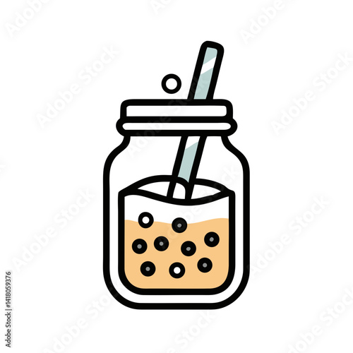 Mason Jar with Boba Icon Representing Homemade Bubble Tea and DIY Beverage