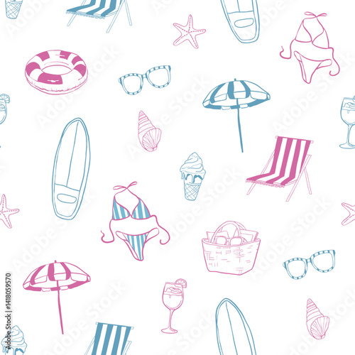 Summer beach and vacation vector seamless pattern in whimsical hand drawn style. Girly flat hand drawn quirky illustrations.
