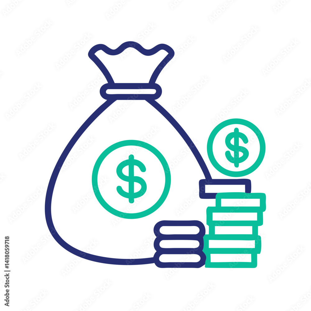 Money Bag with Coins Icon Representing Financial Wealth and Economic Savings Money Bag with Coins Icon Representing Financial Wealth and Economic Savings