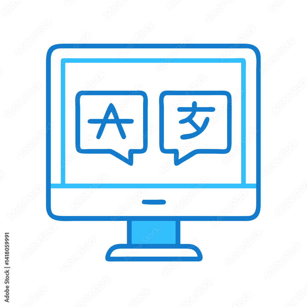 Monitor with Translator Icon Representing Online Language Translation and Digital Interpretation Monitor with Translator Icon Representing Online Language Translation and Digital Interpretation