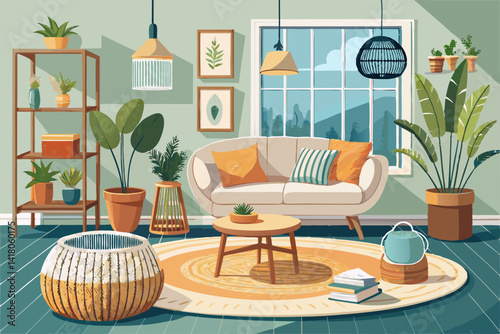 vector of Cozy scandinavian living room with wicker pouf and white sofa lounge chair