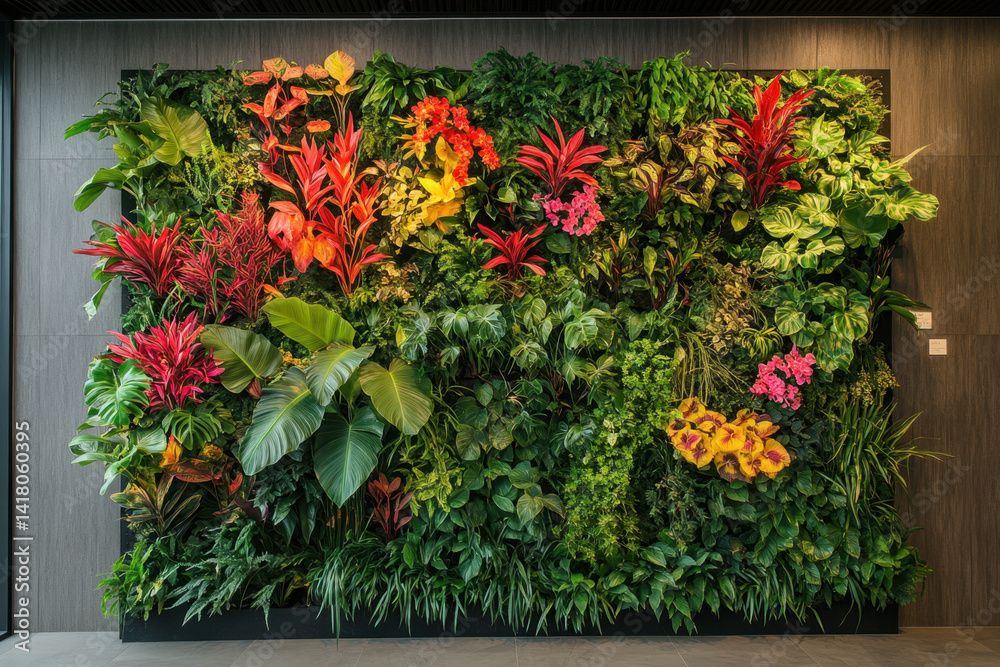 Fototapeta premium Lush tropical plants and vibrant flowers against a green wall.
