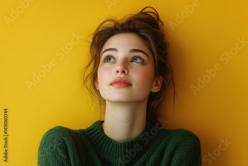 Woman with eyes closed, leaning against yellow wall.