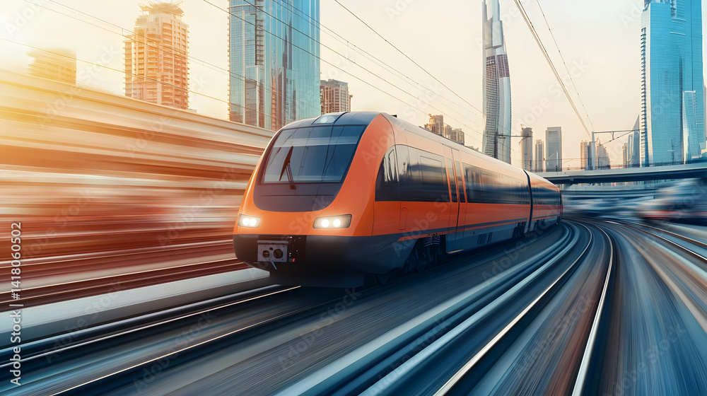 Fototapeta premium High-Speed Orange Train Moving Through Modern Cityscape At Sunrise