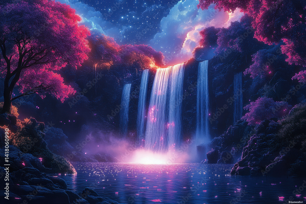Fototapeta premium Waterfall cascading, rocks beneath, purple sky.