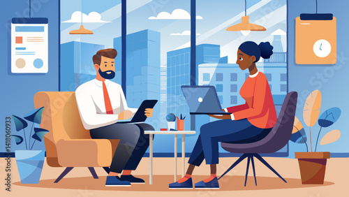 A man and a woman are sitting at a table in a room. The man is wearing a tie and the woman is wearing a yellow shirt. They are talking to each other