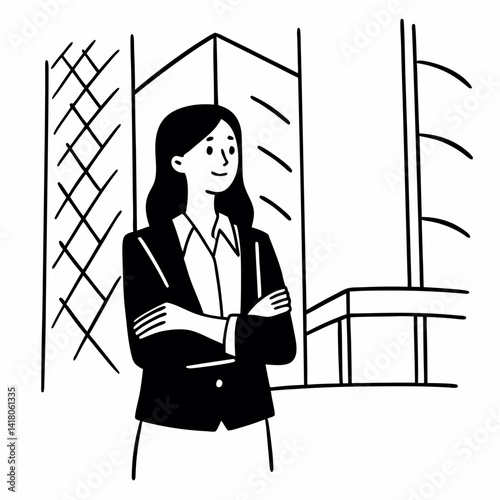 Confident portrait of young middle eastern Israel businesswoman standing with crossed hands at office building. Successful smiling indian or arabic woman in business suit looking aside. Copy space