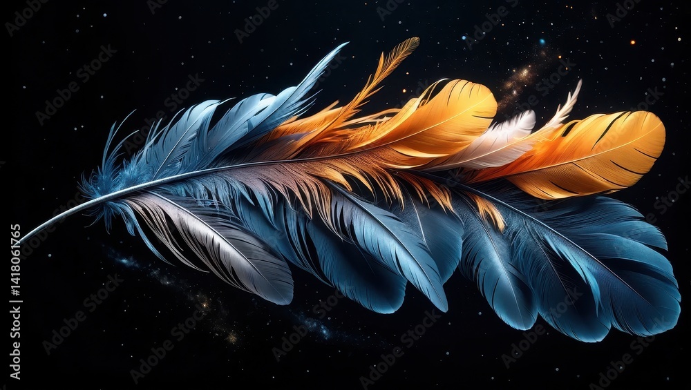 Colorful feather on starry background